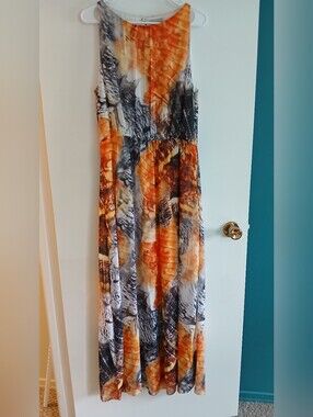 H&M Sleeveless Orange and Gray Printed Maxi Dress - Open At Back